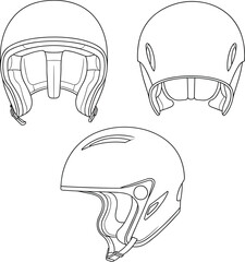 Helmet three view set, front, rear and side designs with visor and ventilation, protective sports gear, cad drawing flat vector illustration