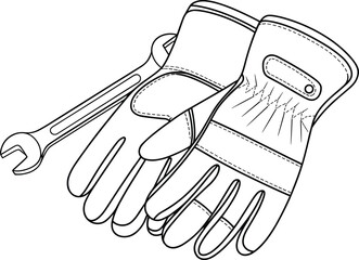 Work gloves with reinforced stitching and padding, wrench tool behind, heavy duty repair gear concept, construction equipment, cad drawing flat vector illustration