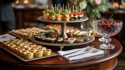 A beautifully arranged buffet table laden with a variety of delicious finger foods