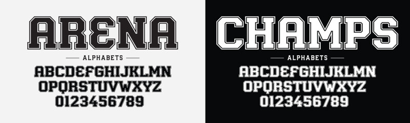 Sport style font. Football style font with lines inside. Athletic style letters and numbers for baseball, basketball and football. Vector
