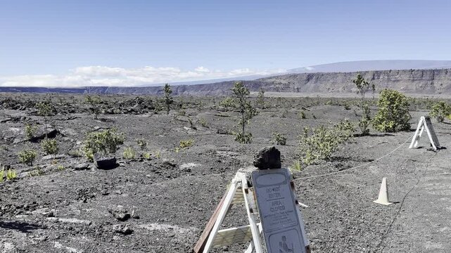 USA, Hawaii, The Big Island, Hilo, Volcanoes National Park, Halemaumau Trail - Area Closed Sign at Active Volcanic Crater