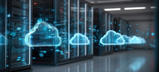 The Server Room with Holographic Cloud Icons Representing Modern Cloud Computing Infrastructure