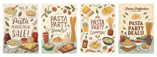 Colorful pasta-themed promotional posters featuring a variety of dishes, sauces, and festive elements.