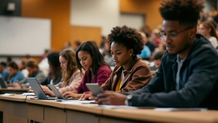 University students using laptop and tablet, taking notes during lesson in crowded lecture hall - Powered by Adobe
