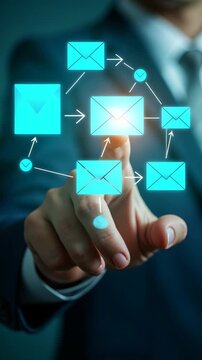New email notification interaction concept. A person interacting with a floating virtual digital interface showing a new email notification symbol, a concept for online communication. E-mail service.