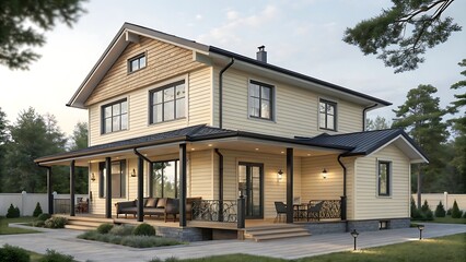 Elegant modern farmhouse with wraparound porch and beautiful landscaping