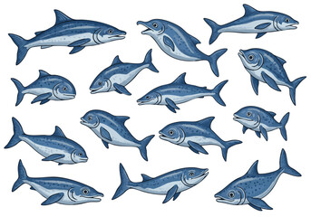 Naklejka premium Collection of Fish Illustrations for Seafood Concepts Marine Life Theme Vector Graphics Aquatic Animals and Underwater World Artwork