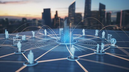 Futuristic Cityscape with Digital Network Connectivity Elements and Abstract Communication Design - Powered by Adobe