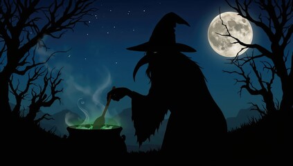 Witch stirring cauldron under moonlight
