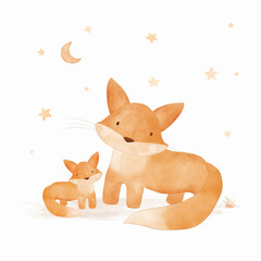 Hand-painted Watercolor-like Illustration Of A Mother And Baby Fox. Cute Big And Little Fox Under A Starry Night With Crescent Moon. Whimsical Nursery Art Perfect For Kids' Room Decoration. Dreamy Fox