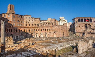 The medieval structure oif the  Torre delle Miliziebehind the magnifiucent ruins of Trajan's market, Trajan's Forum, Via dei Fori Imperiali, Rome, Lazio, Italy