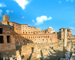Fototapeta premium Panoramic view of the ruins of Trajan's market, Via dei Fori Imperiali, Rome, Lazio, Italy