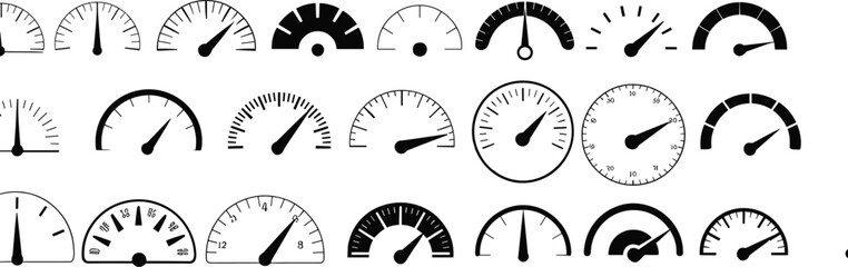 Collection of black and white gauge and meter icons with needles and markings dial speedometer