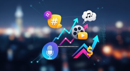 A vibrant digital illustration depicting the intersection of prediction markets and pop culture trends featuring abstract symbols of entertainment technology and financial growth.
