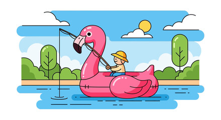 Whimsical summer scene of a child fishing on a flamingo float in a serene lake
