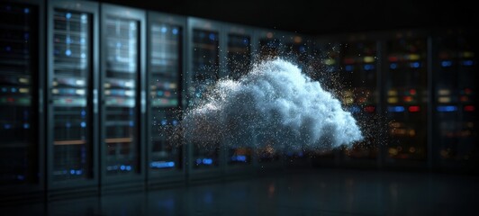 [The Cloud Hovering Inside a High Tech Server Room Representing Cloud Computing Concept]