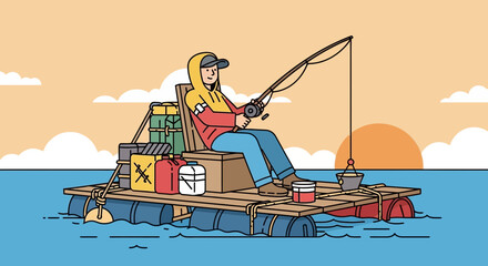 Solitary fisherman enjoys a peaceful afternoon on his handcrafted raft, seeking serenity