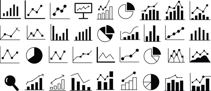 Collection of black and white infographic icons and charts data analytics