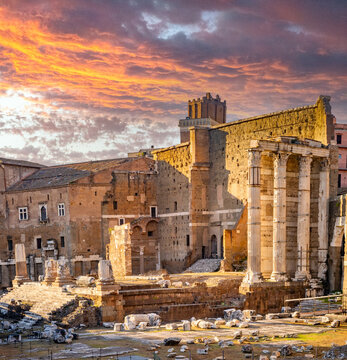 Sunset over the ruins of Nerva's Forum (Foro di Nerva), Via dei Fori Imperiali, Rome, Lazio, Italy