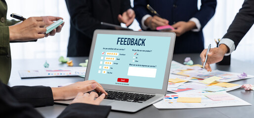 Analyst team use sticky note for creative and analytic brainstorm for business idea with BI data dashboard on laptop screen. Analysis financial data visualization tech for marketing strategy. Prodigy