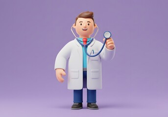 Friendly Male Doctor Character with Stethoscope Ready to Provide Medical Care