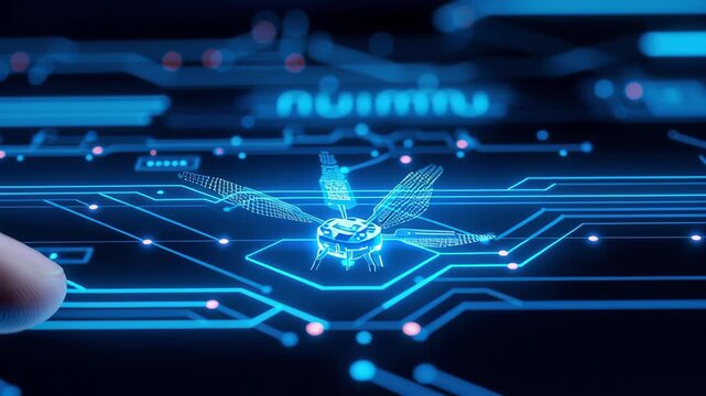 Futuristic Technology Holographic Drone and Robotic Insect Showcasing Innovation, Connectivity, and Digital Advancements on Circuit Board