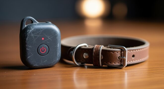 A deactivated smart pet tracker device lying unused next to a pet collar symbolizing discontinued technology and the importance of reliable pet safety solutions. Cinematic shallow