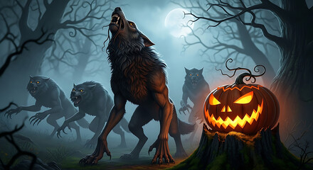 Halloween scene with werewolves and jack-o'-lantern in a forest