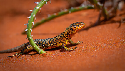 Naklejka premium A detailed closeup captures a vibrant lizard with intricate patterns on its scales, resting on the warm orange sand next to a thorny green plant stem in its natural desert habitat