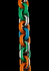 Detailed image of a strong chain with alternating metallic and vibrant orange, blue, and green links.