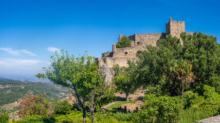 Fototapeta premium Sitting on the top of a steep escaprment, the ruins Marvão castle dominate Tagus basin along the border with Estremadura, Spain. Alentejo, Portugal.