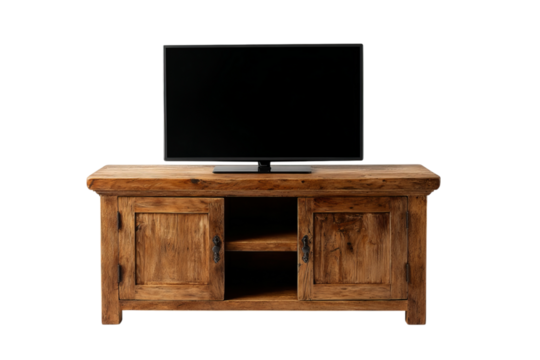 A rustic wooden television stand with two doors and one shelf, set against an isolated on a transparent background in PNG format. TV is mounted on the top of it.