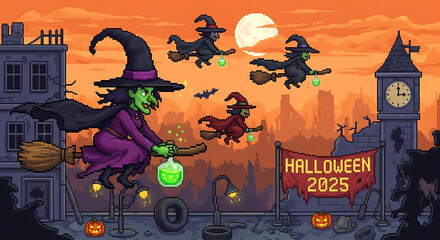 Pixel art halloween scene with witches on brooms and "halloween 2025" banner