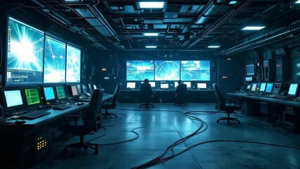 Two engineers working at futuristic mission control center with big digital screens showing global network and data flow - Powered by Adobe