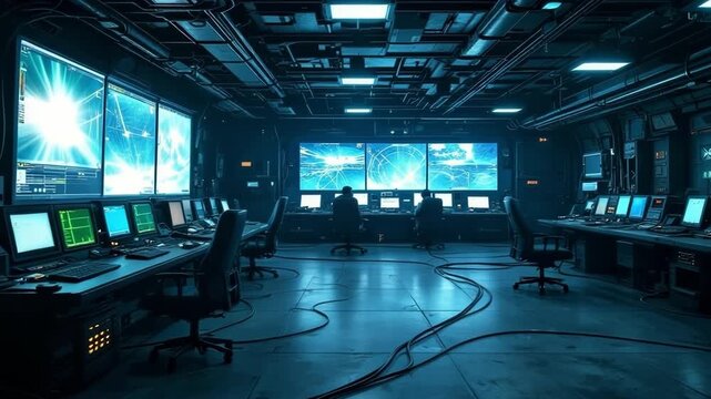 Two engineers working at futuristic mission control center with big digital screens showing global network and data flow - Powered by Adobe