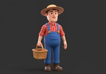 Friendly 3D cartoon farmer character standing cheerfully with a wicker basket, embodying agricultural work, sustainable lifestyle, and the bounty of a successful harvest