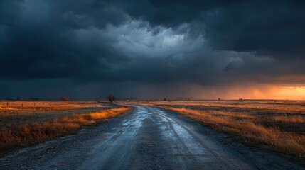 Fototapeta premium Winding dirt road leads through rural golden field as dark stormy clouds loom overhead during sunset
