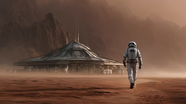 Astronaut, white space suit, walking, dusty red surface, Martian landscape, futuristic Mars base, exploration rover, high detail, cinematic light, colonization concept