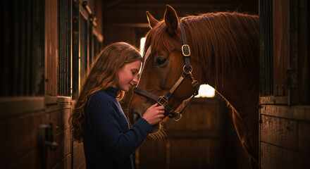Intimate Moment with a Horse: Young Girl with Red Hair Gently Touches Noses with a Brown Horse in a Stable