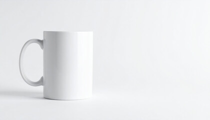 Fototapeta premium White cup for drinking. Ceramic coffee mug mock-up on white backdrop. Minimal tableware.