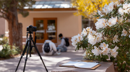 Photography Club Students Capturing Campus Garden Moments with Cameras,Tripod
