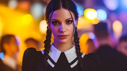 A young Caucasian woman with long black hair in braids wears a gothic costume at a Halloween party. The background features colorful lights and blurred figures.