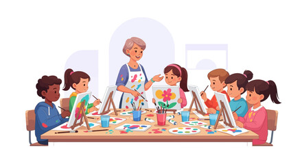 Children's Art Class Young Students Expressing Creativity Through Painting Guided by a Caring Teacher in a Vibrant Studio Session