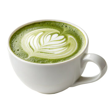A  cup of match latte with latte art isolated on a transparent background
