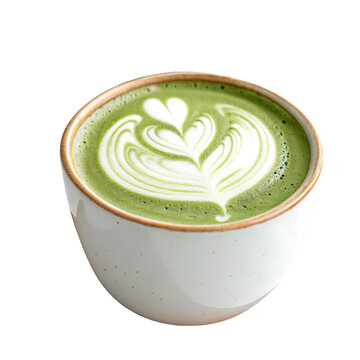 A  cup of match latte with latte art isolated on a transparent background

