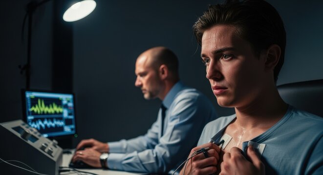 A tense scene of a job applicant or suspect sitting nervously in front of a polygraph machine wires attached with a serious examiner observing results on a monitorcapturing the