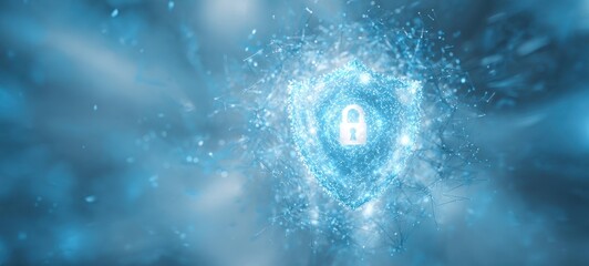 The Shield Lock Surrounded by Glowing Digital Network and Cybersecurity Particles