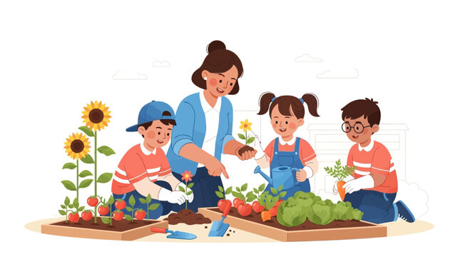 Kids Gardening with Teacher Planting Seeds of Learning and Growth