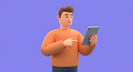 Friendly 3D rendered character actively interacts with a portable electronic tablet, demonstrating digital communication, learning, and online content consumption