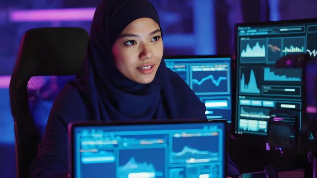 Muslim Woman in Hijab Speaking During Cybersecurity Video Conference in Dark Office with Multiple Monitors Showing Data Charts and Graphs